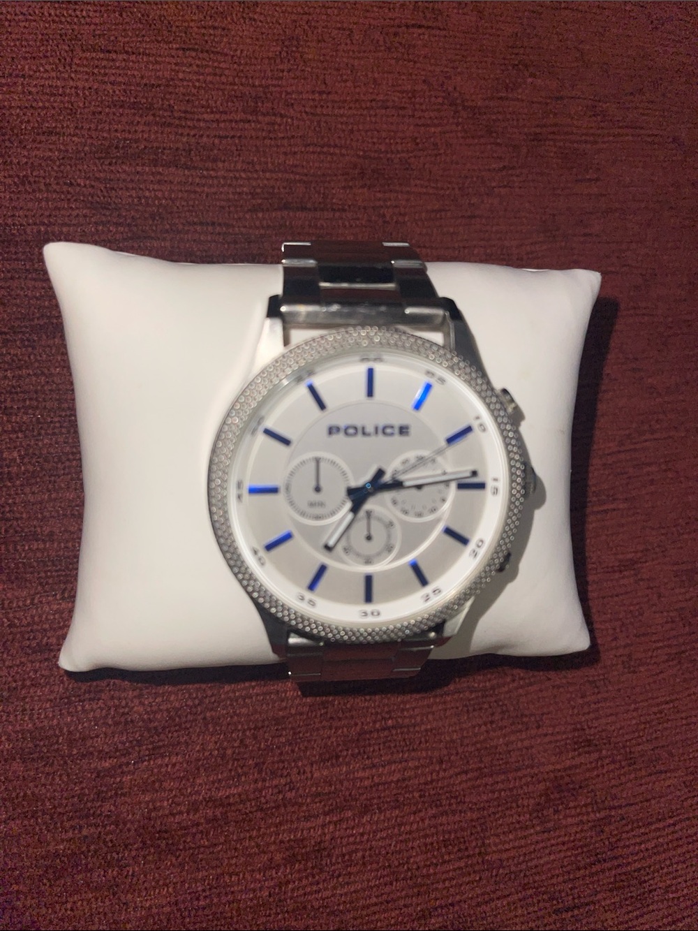 POLICE Silver Stainless Steel Watch with White Dial and Blue Markers